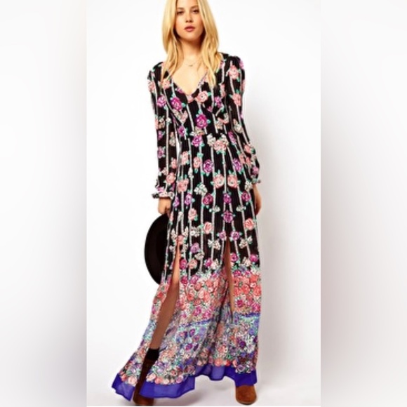 New ASOS 70’s Floral Maxi Dress Cut Out Open Back Long Sleeves Black Purple - Picture 15 of 15